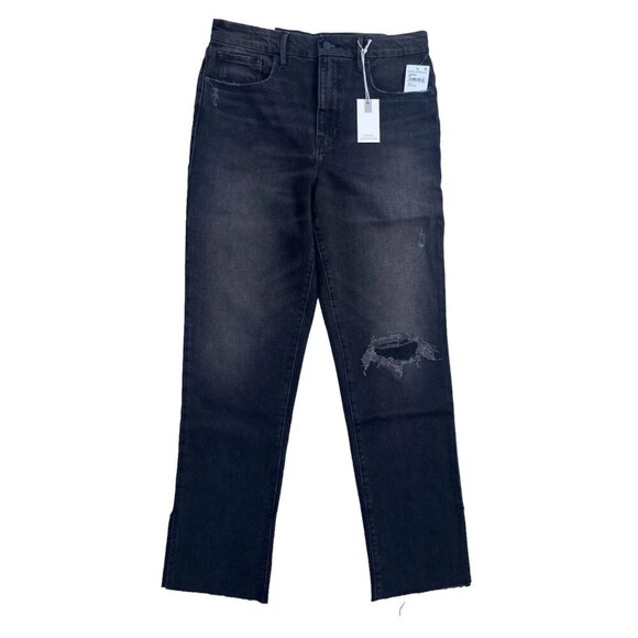 Good American Denim - Good American Good Boy Straight Leg Jeans Black Distressed Knee Size 2